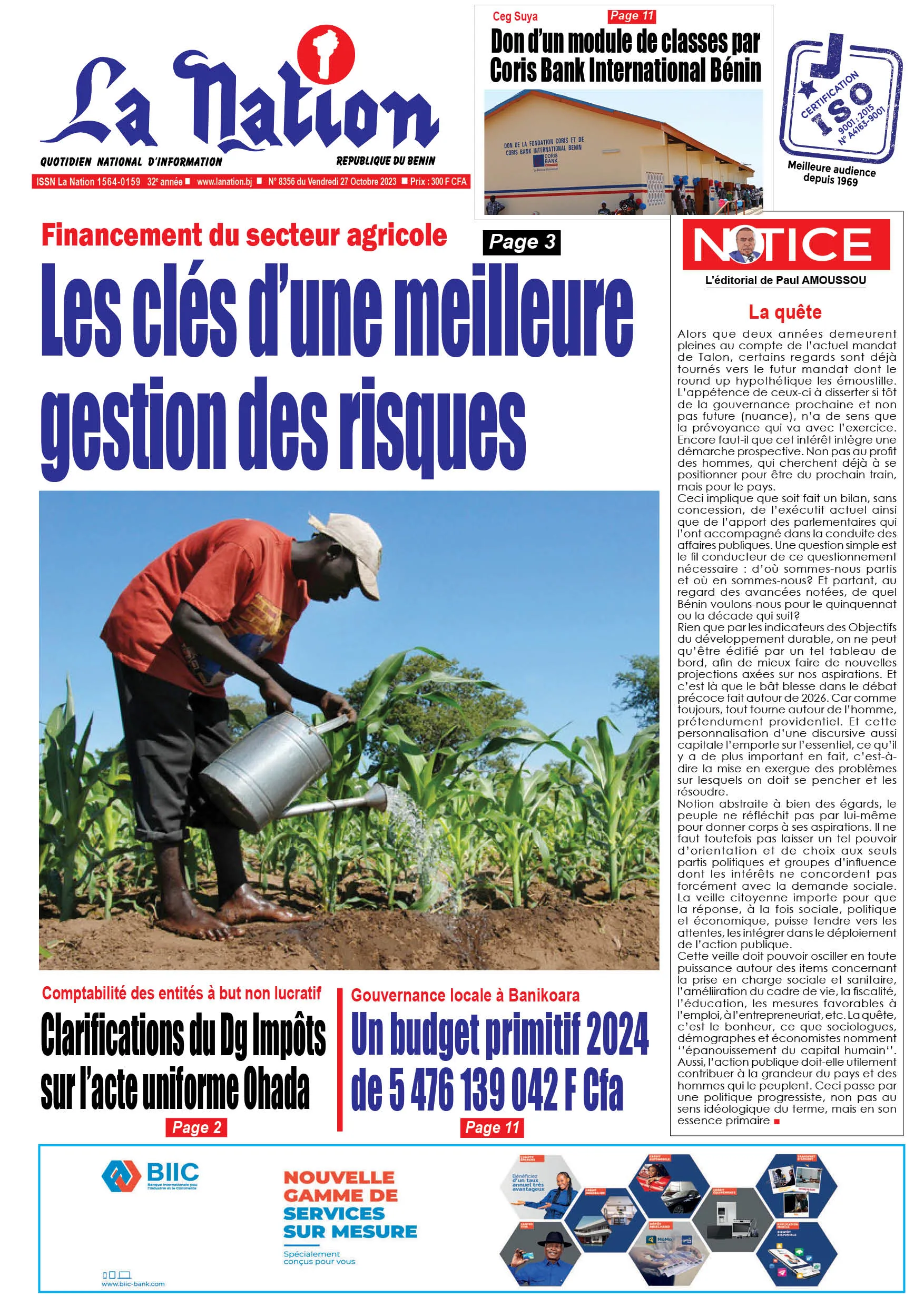 Quotidien ''La Nation'' du 27 Octobre 2023