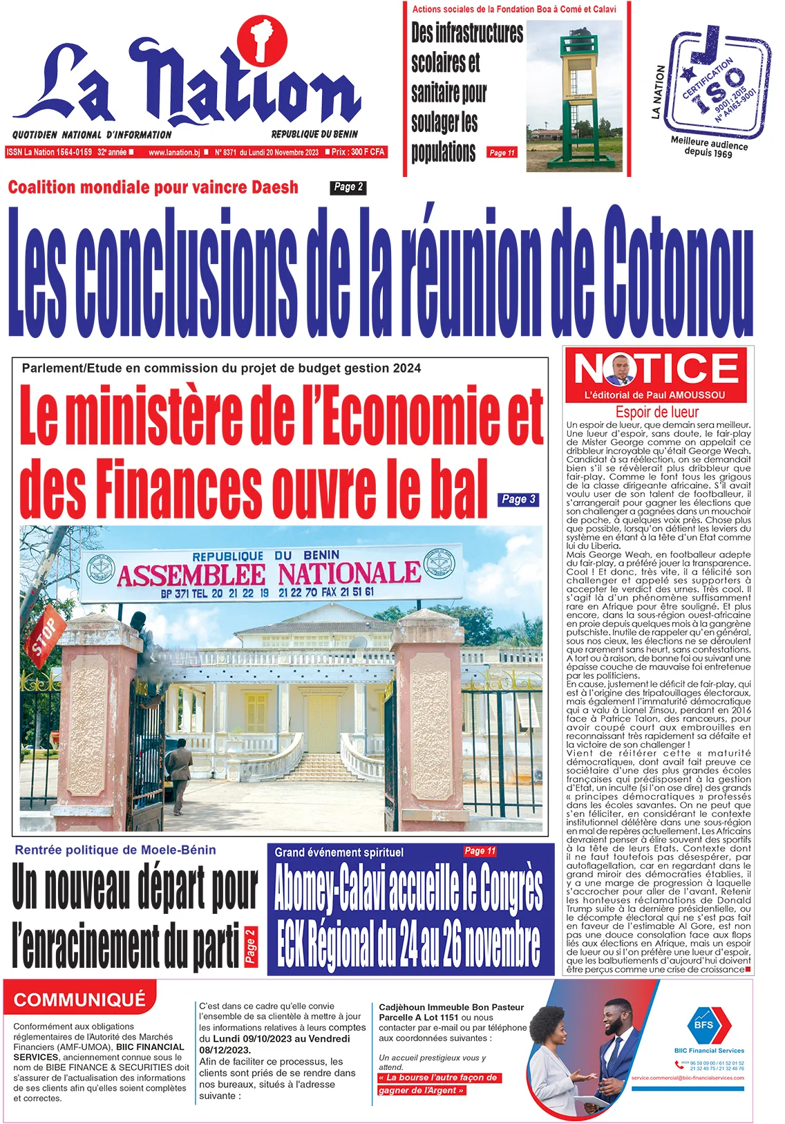 Quotidien ''La Nation'' du 20 Novembre 2023