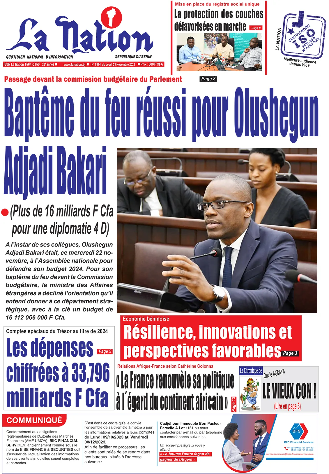 Quotidien ''La Nation'' du 23 Novembre 2023