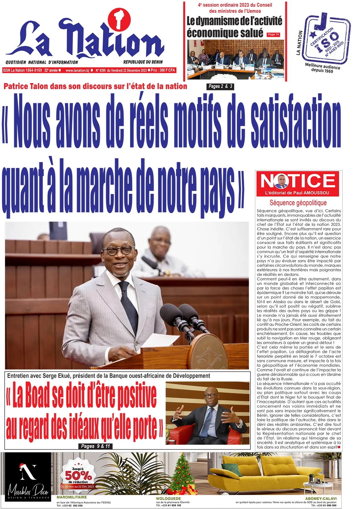 Quotidien ''La Nation'' du 22 Décembre 2023