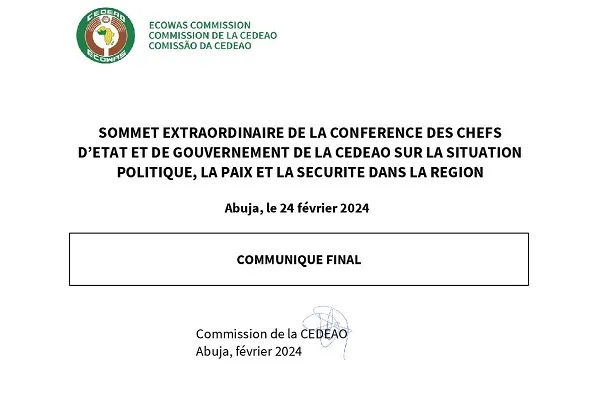 Sommet extraordinaire de la Conférence des chefs d’Etat et de gouvernement de la Cedeao sur la situation politique, la paix et la sécurité dans la région: Communiqué final