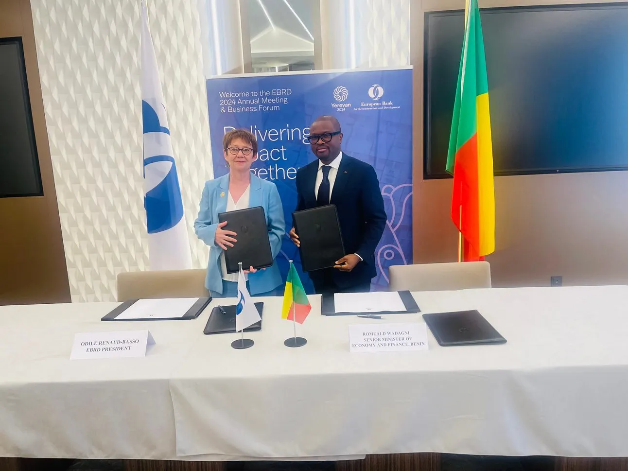 Romuald Wadagni, ministre d’Etat en charge de l’Economie et des Finances et Odile Renaud-Basso, présidente de la Berd