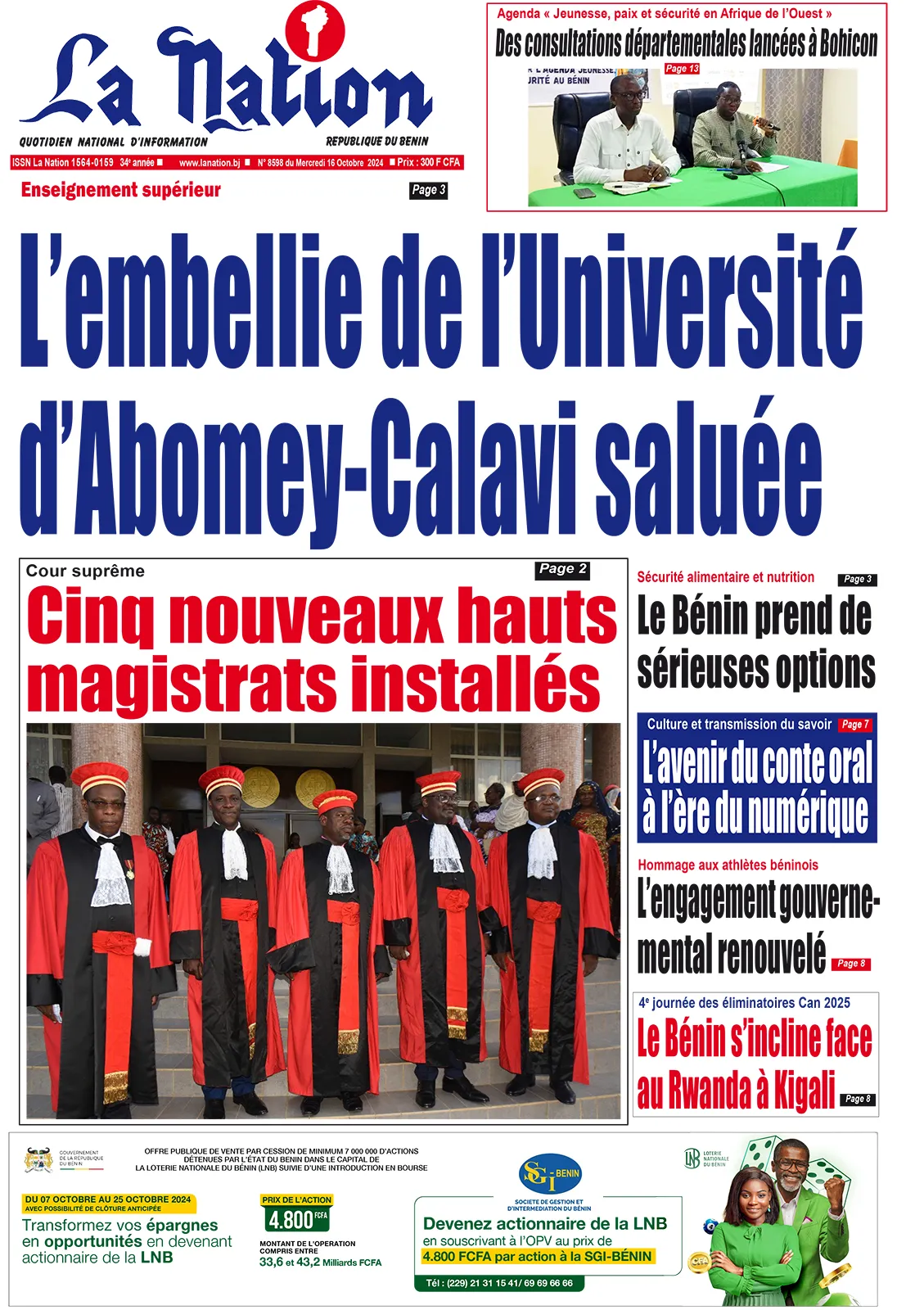 Quotidien ''La Nation'' du 16 Octobre 2024