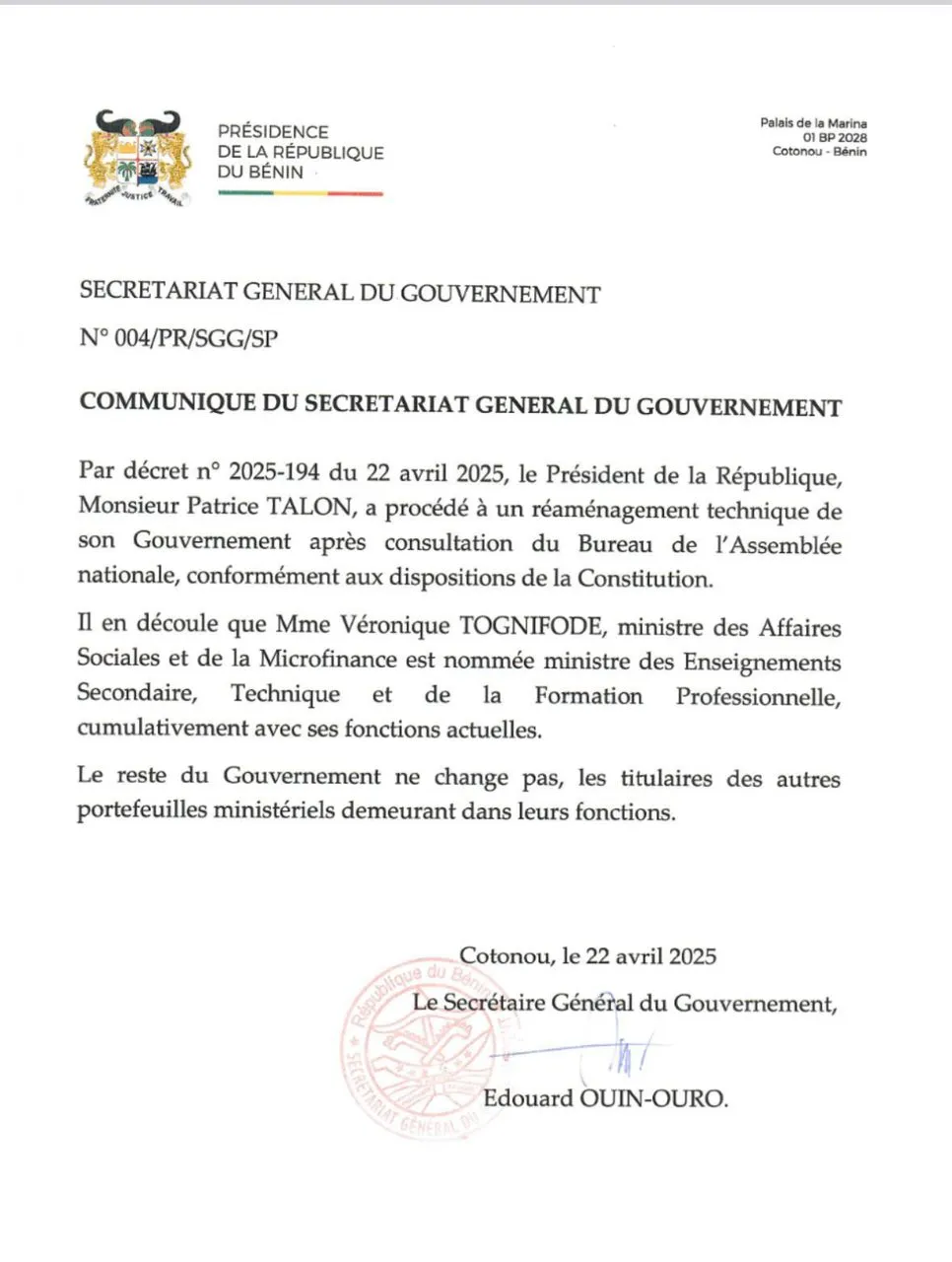 Réaménagement du gouvernement