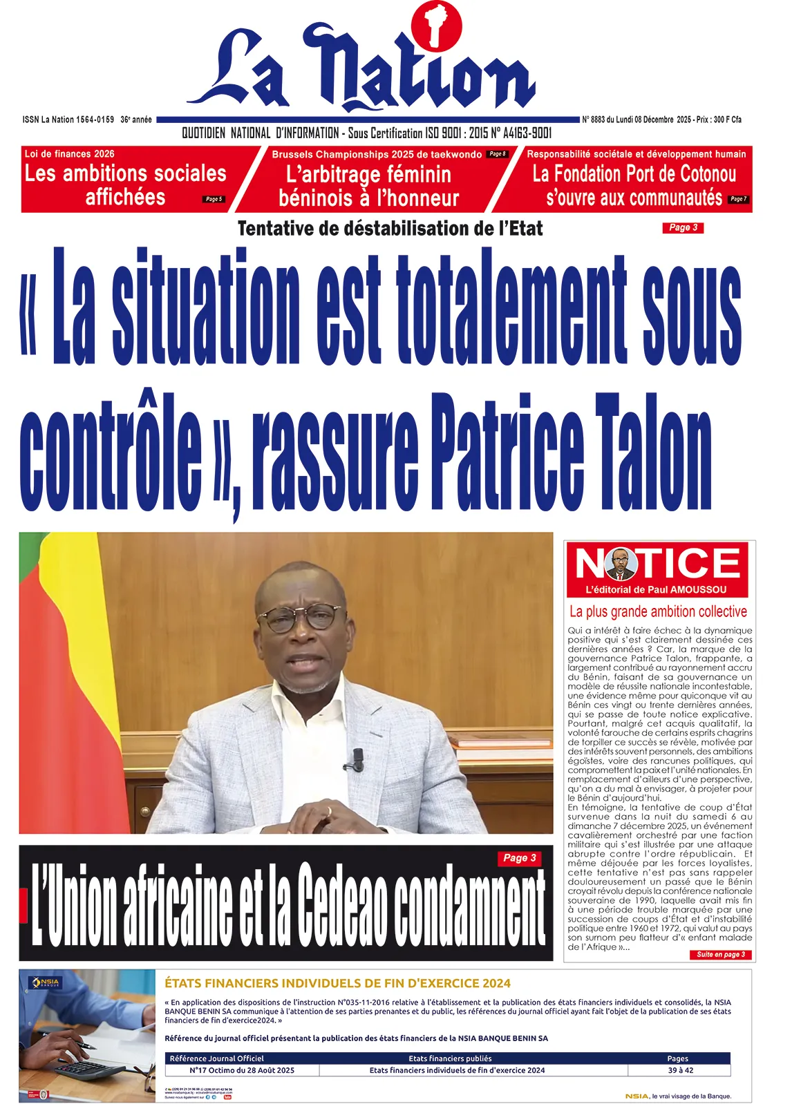 Quotidien '' LA NATION '' du 08 Décembre 2025