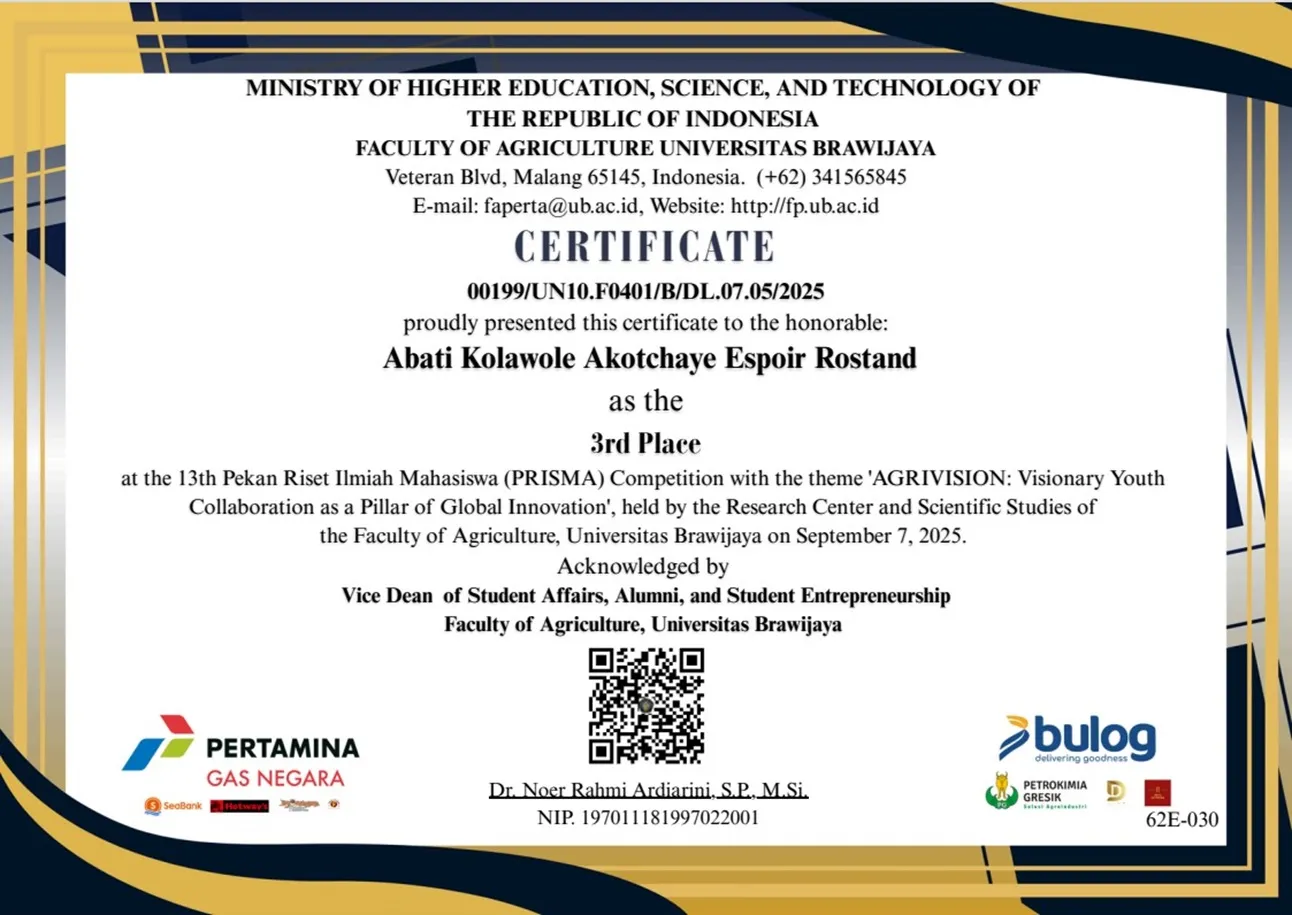 Certificat de récompense d’Espoir au concours de recherche PRISMA