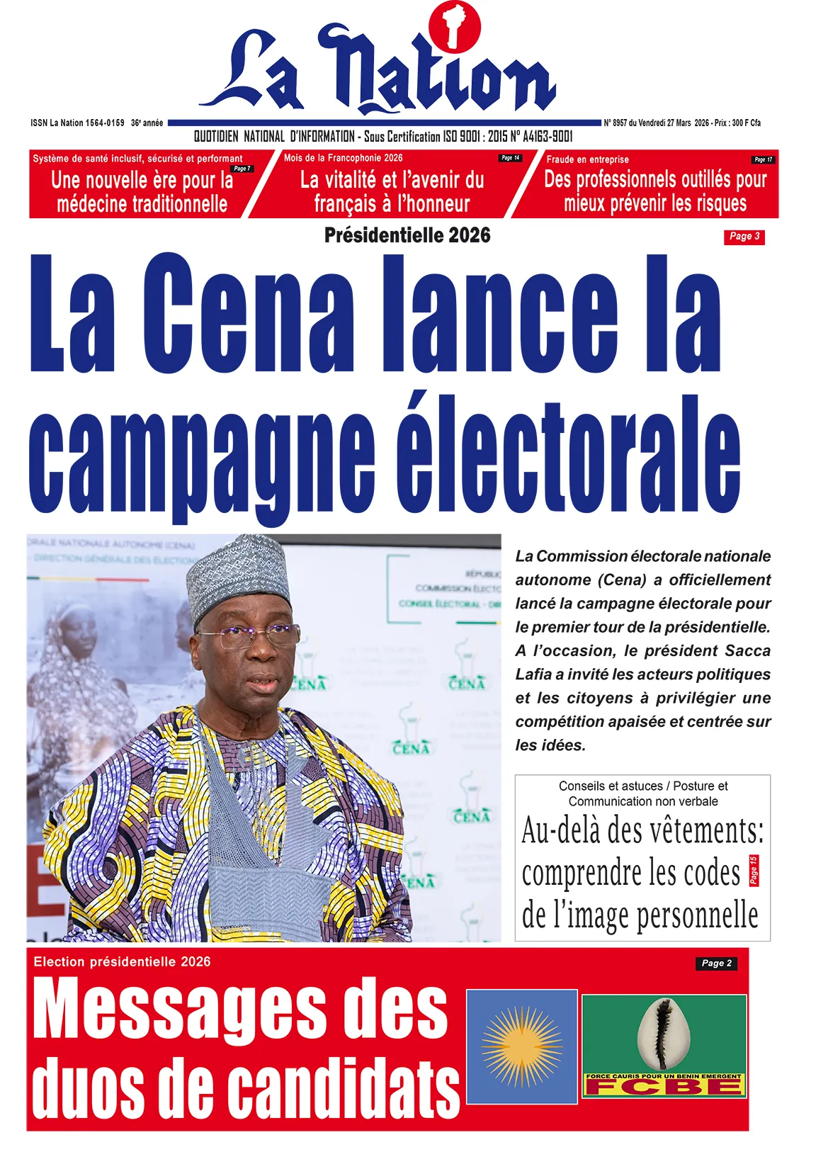 Quotidien '' LA NATION '' du 27 Mars 2026