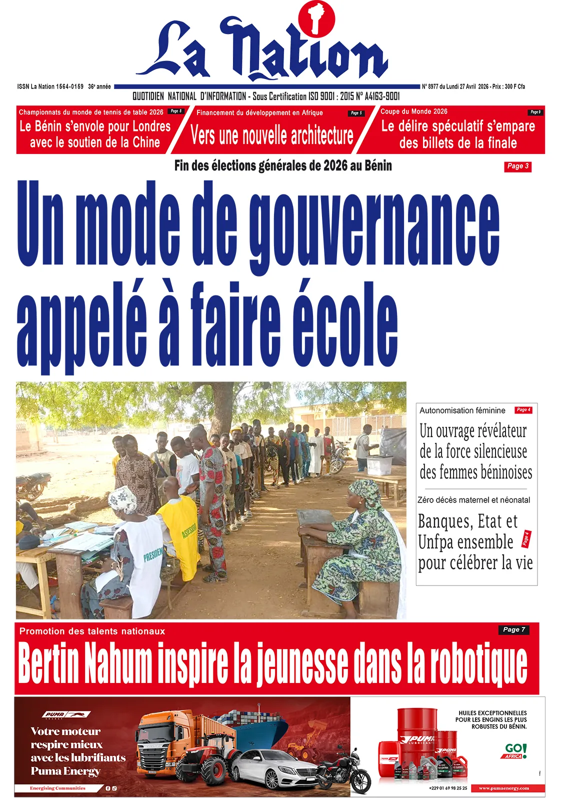Quotidien '' LA NATION '' du 27 Avril 2026
